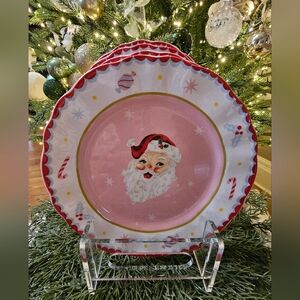 4 Potter's Studio PINK SANTA CLAUS Salad Plates 8.5" Ceramic Candy Christmas